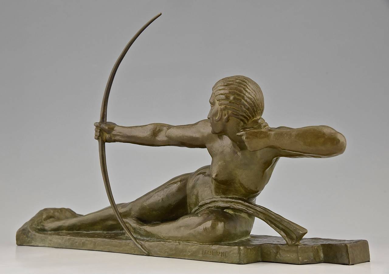 Penthesilia, Queen of the Amazons. 
By  Marcel André Bouraine, 1886-1948. 
Signature: Bouraine.  Susse Frères ed. Paris written in full.
Style:  Art Deco. 
Date:  circa 1925.
Material: Bronze, green patina with shades. 
Origin:  France.