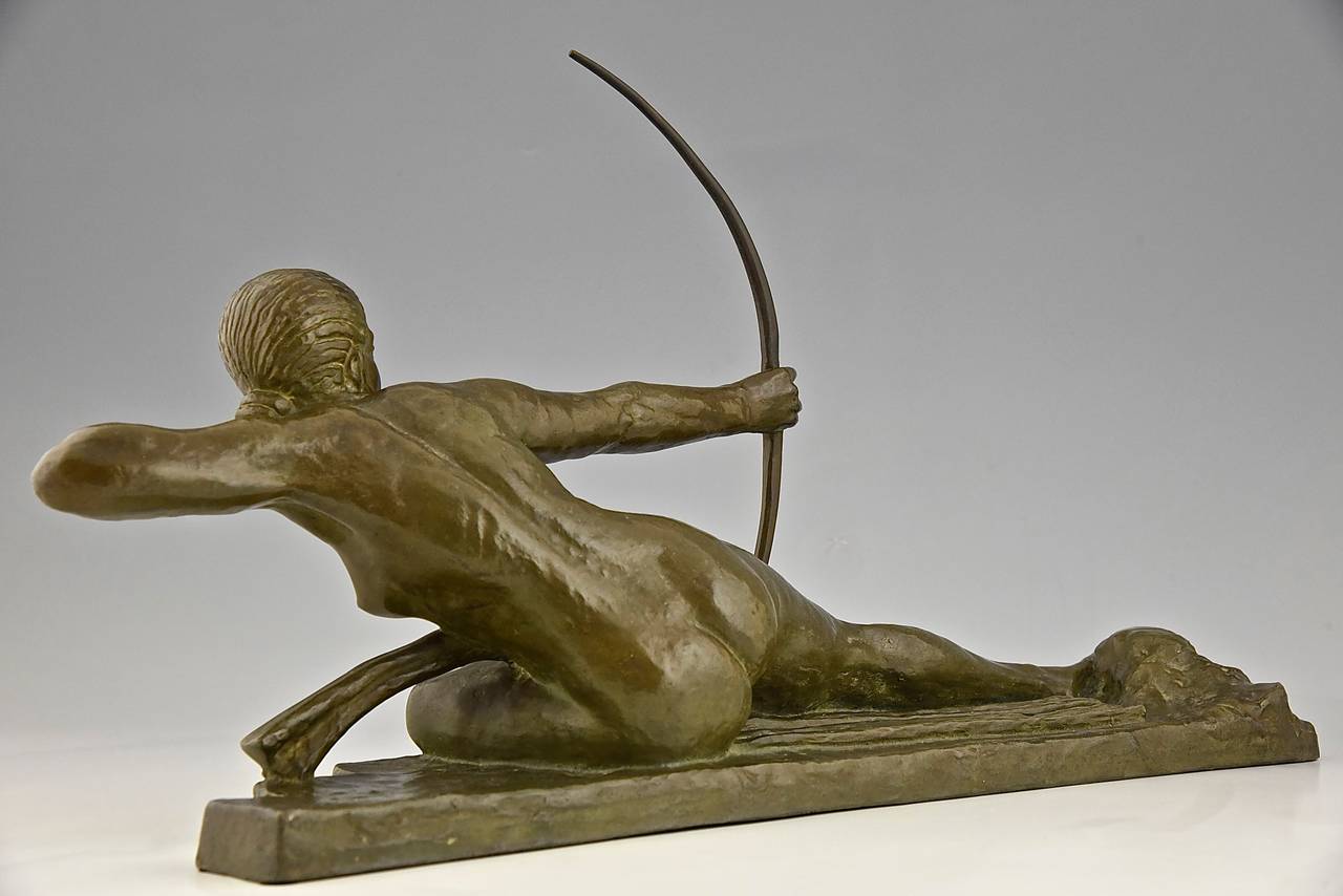 Patinated Art Deco Bronze Sculpture of a Nude with Bow by Marcel Bouraine
