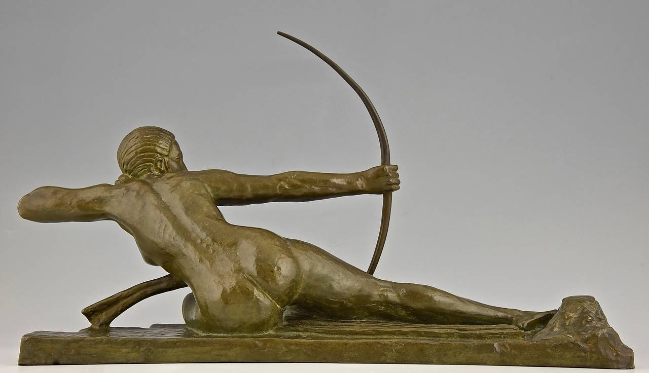 Art Deco Bronze Sculpture of a Nude with Bow by Marcel Bouraine In Good Condition In Antwerp, BE