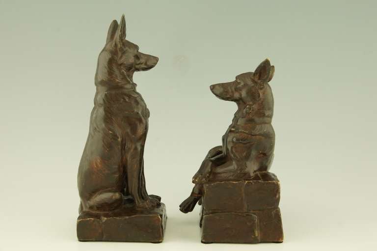 Art Deco A pair of bronze shepherd dog bookends by Maximilien Fiot, France. 