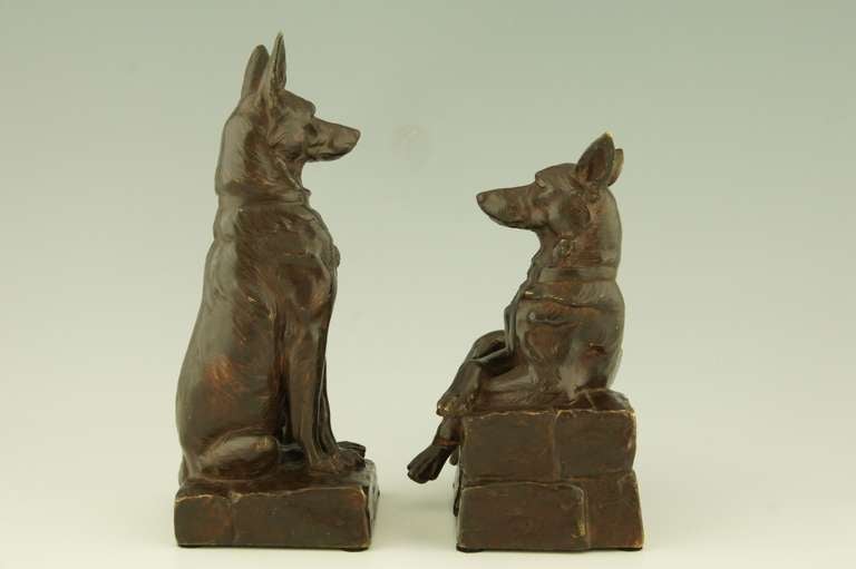 Art Deco A pair of bronze shepherd dog bookends by Maximilien Fiot, France.