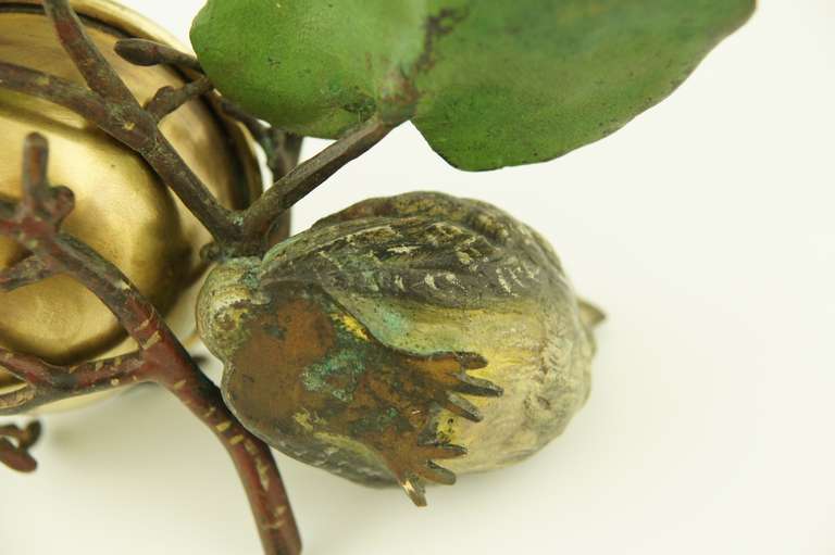 A cold painted Vienna bronze tray with a bird on a branch with leaves. 2