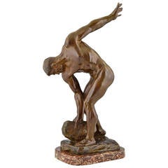 Sculpture française ancienne en bronze d'un nu masculin par Henri Greber:: 1900
