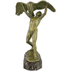 Sculpture ancienne en bronze Ganymède nu avec aigle par Sautner 1910