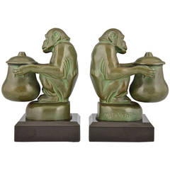 Vintage Pair of Art Deco Monkey Inkwell Bookends, Max Le Verrier, France