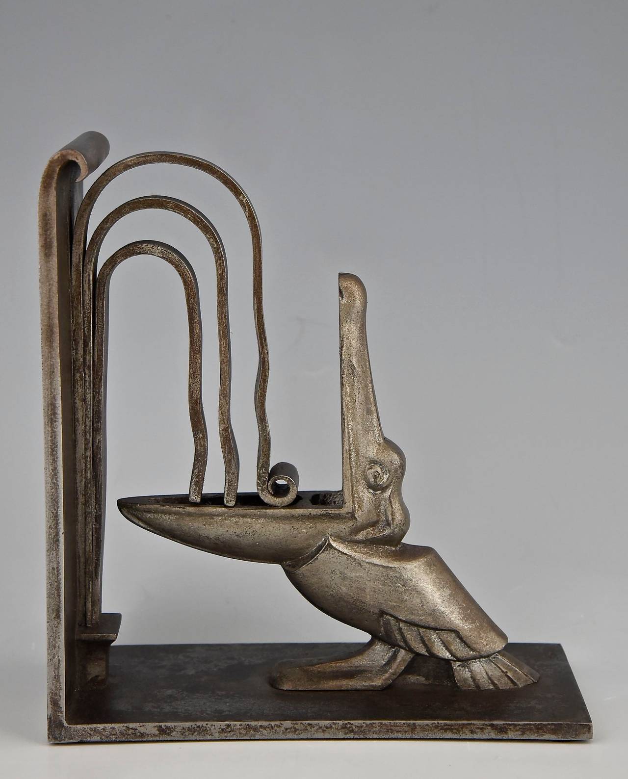 French Edgar Brandt Art Deco Pelican Bookends Wrought Iron, France, 1924