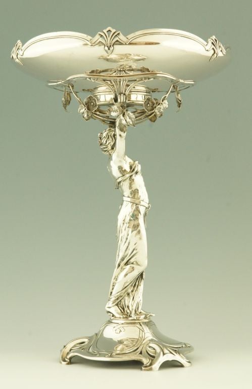 20th Century German Art Nouveau silver centerpiece with lady by E. Marcus.
