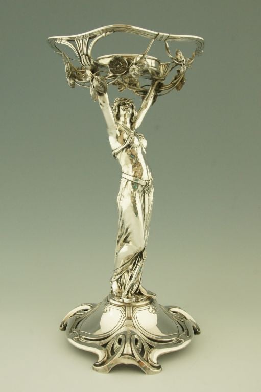 German Art Nouveau silver centerpiece with lady by E. Marcus. 1
