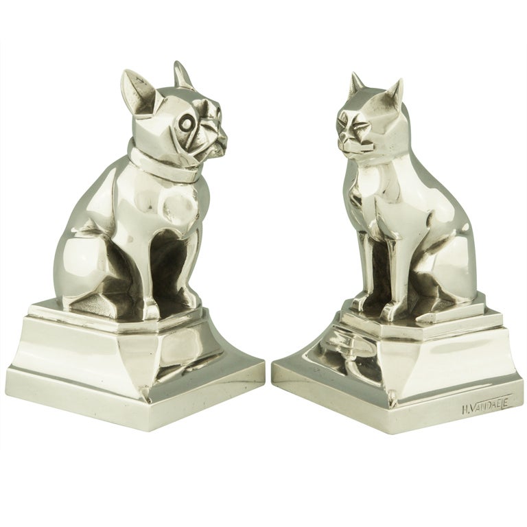 Bronze Art Deco Bookends French Bulldog and Cat by H. Vandaele.