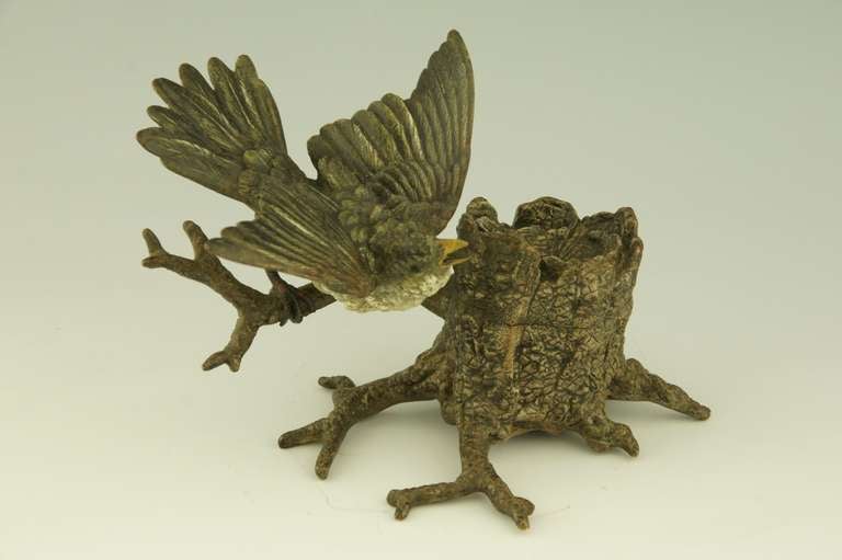 Antique Vienna bronze inkwell with bird perched on a tree trunk. 2