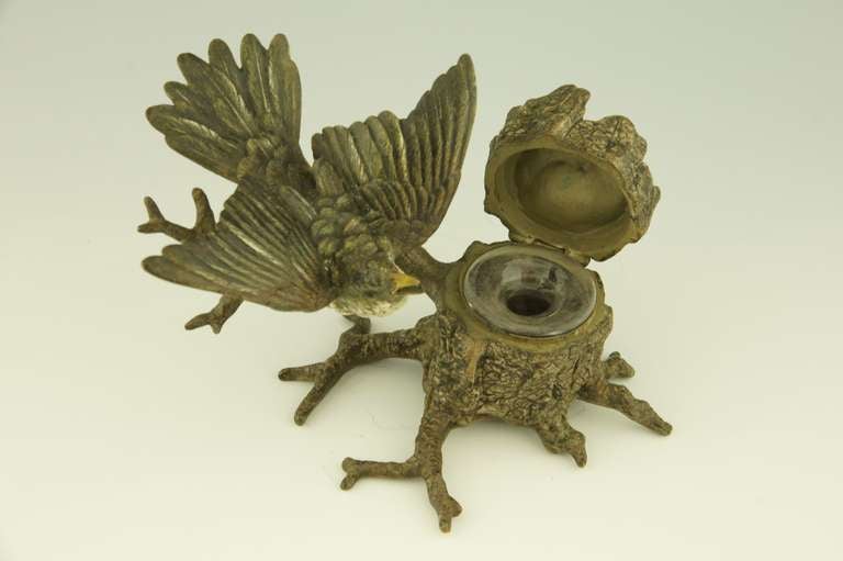 Antique Vienna bronze inkwell with bird perched on a tree trunk. 3