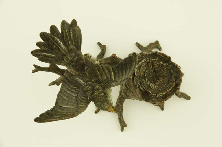 Antique Vienna bronze inkwell with bird perched on a tree trunk. 4