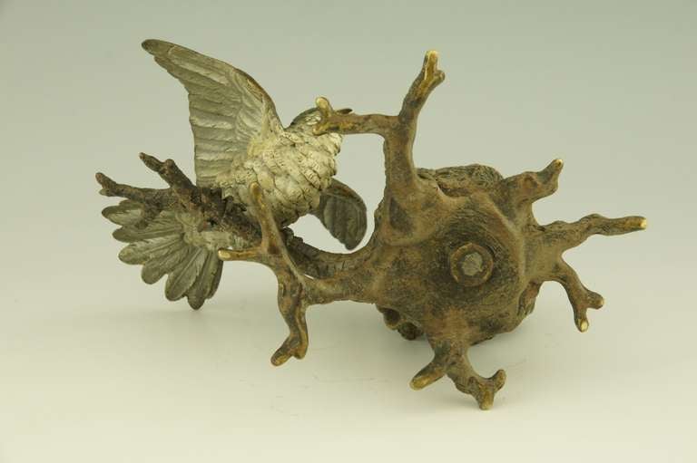 Antique Vienna bronze inkwell with bird perched on a tree trunk. 5