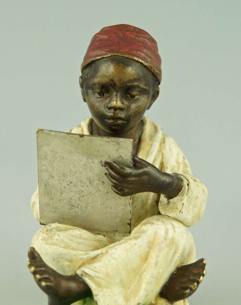 A Cold Painted Orientalist Vienna Bronze of a Writing Boy by Bergman, Austria 1900 2
