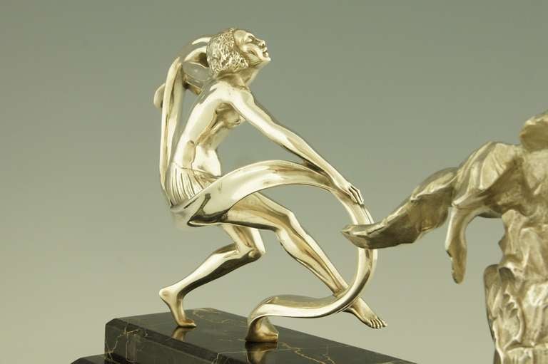 Bronze Art Deco silvered bronze dancer with musician by A. Soleau. 