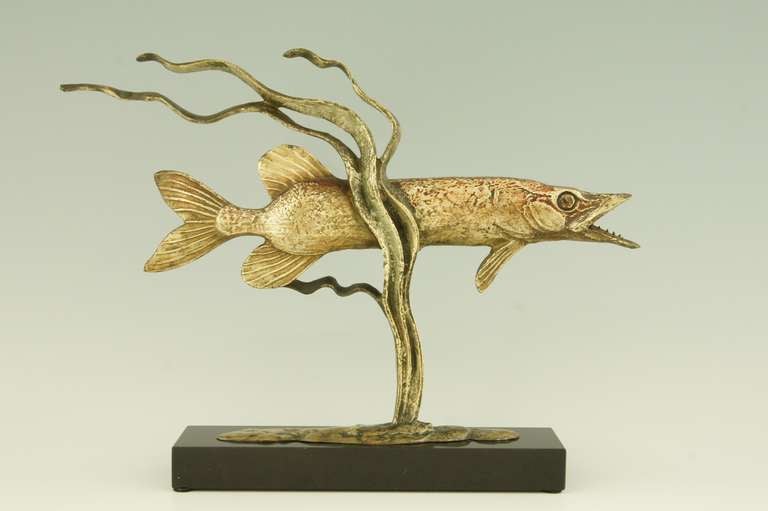 French Art Deco bronze fish with water plants by André Vincent Becquerel