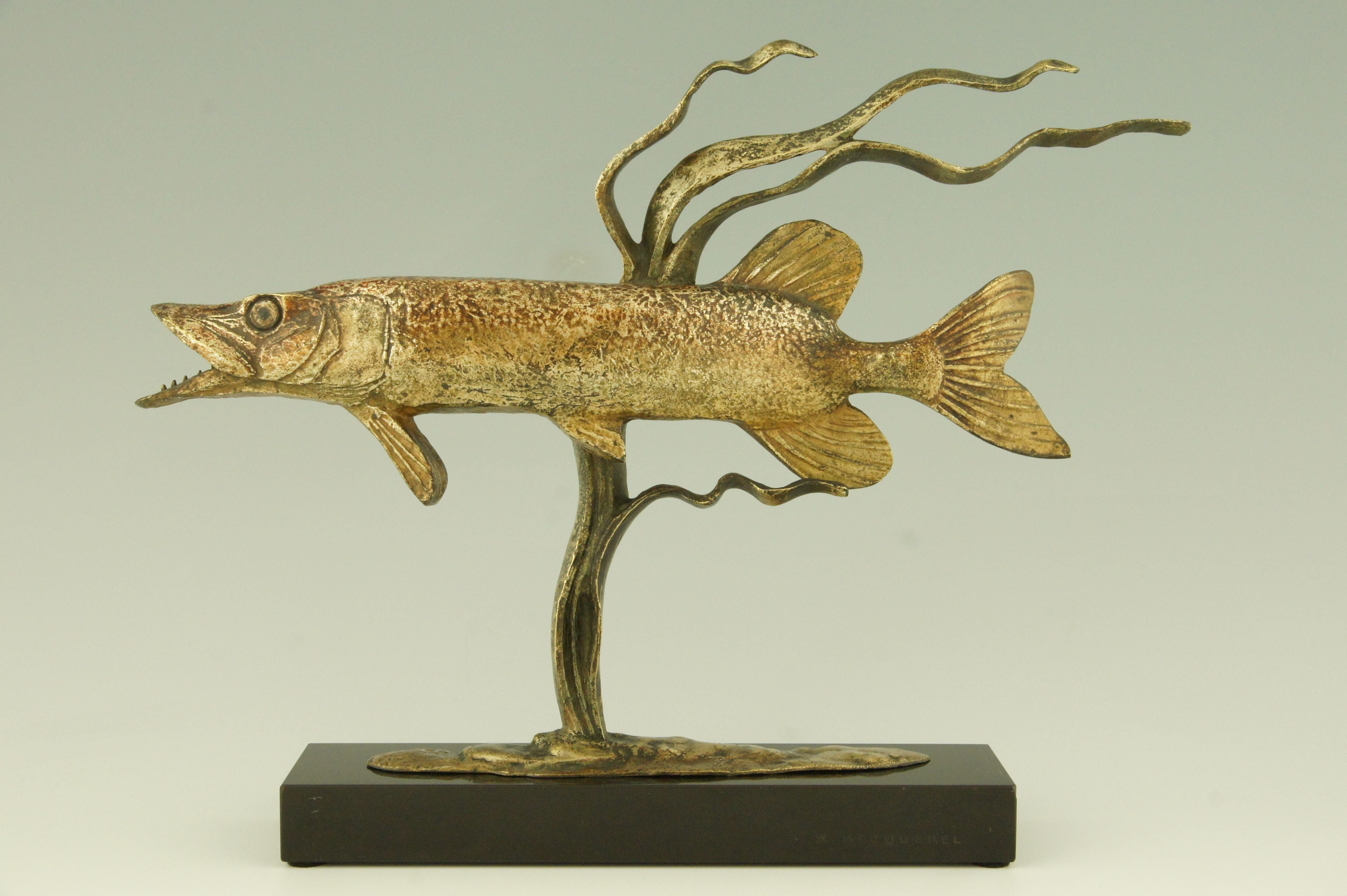Art Deco bronze fish with water plants by André Vincent Becquerel