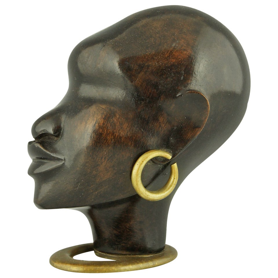 Wooden Sculpture of an African Woman with Earring on Oval Base by F. Hagenauer, 1930