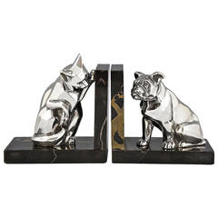 Art Deco Cat and Bulldog Bookends by Rochard, France, 1930