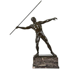 Antique Art Deco Bronze of Male Nude with Javelin by Karl Möbius, 1921