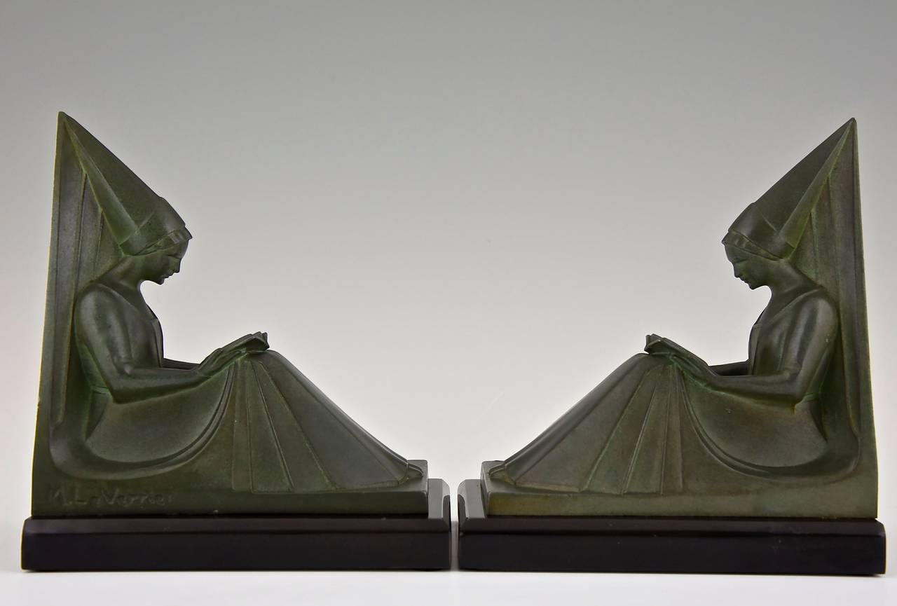 French Art Deco Bookends by Max Le Verrier, Reading Ladies, France, 1930