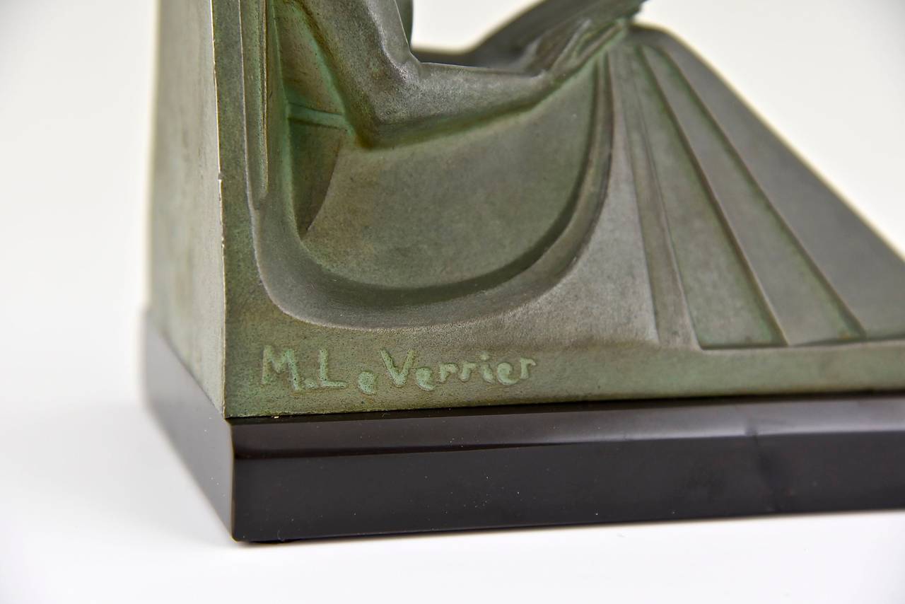 Art Deco Bookends by Max Le Verrier, Reading Ladies, France, 1930 3