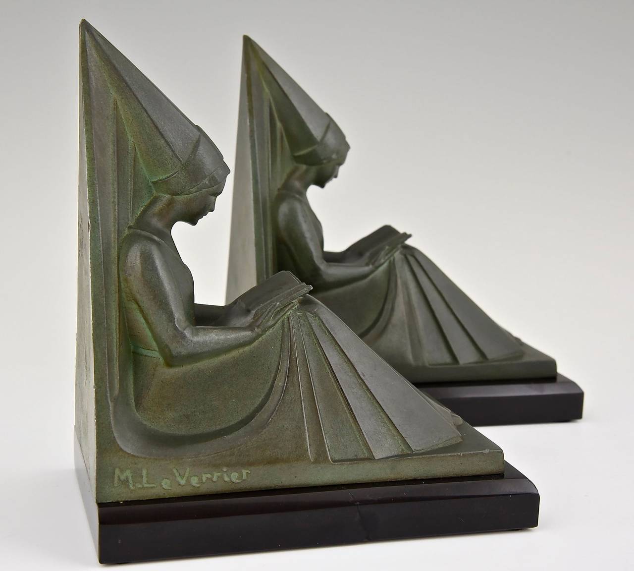 Art Deco Bookends by Max Le Verrier, Reading Ladies, France, 1930 1