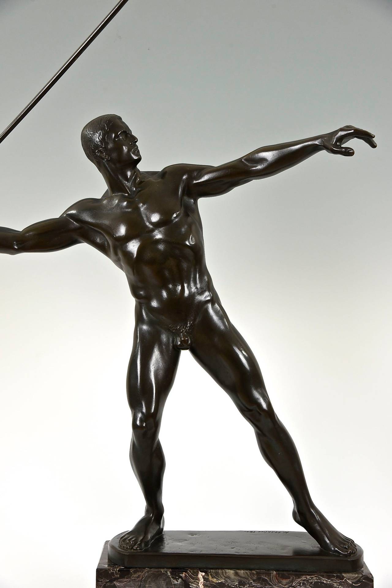 German Art Deco Bronze of Male Nude with Javelin by Karl Möbius, 1921