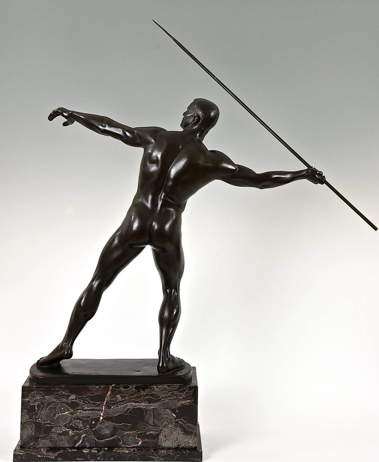 Patinated Art Deco Bronze of Male Nude with Javelin by Karl Möbius, 1921