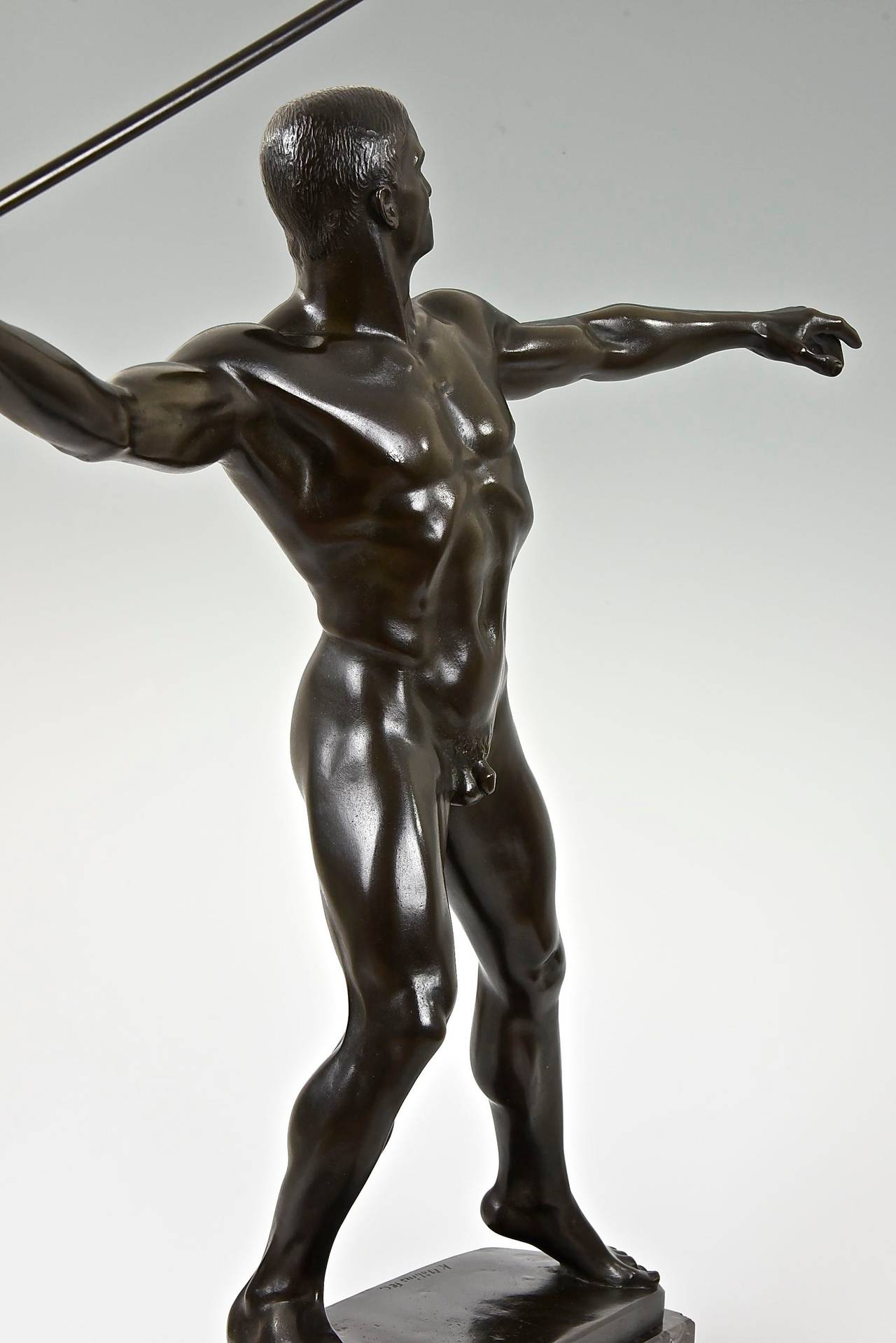 20th Century Art Deco Bronze of Male Nude with Javelin by Karl Möbius, 1921