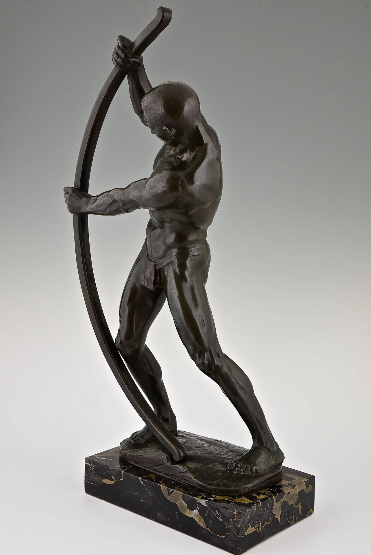 Patinated Art Deco Bronze Sculpture Male Nude with Bow by Muller Crefeld, 1920