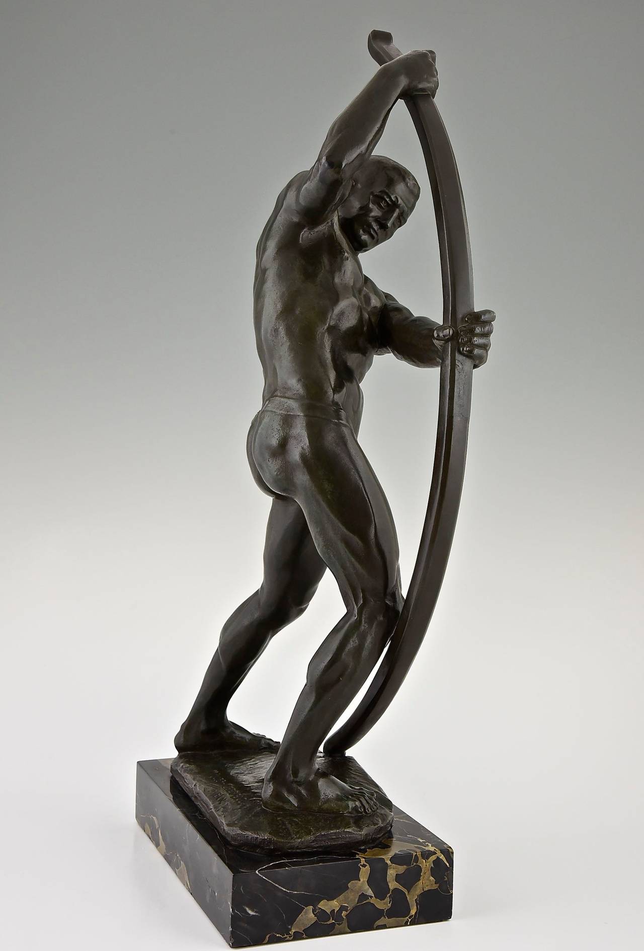 20th Century Art Deco Bronze Sculpture Male Nude with Bow by Muller Crefeld, 1920