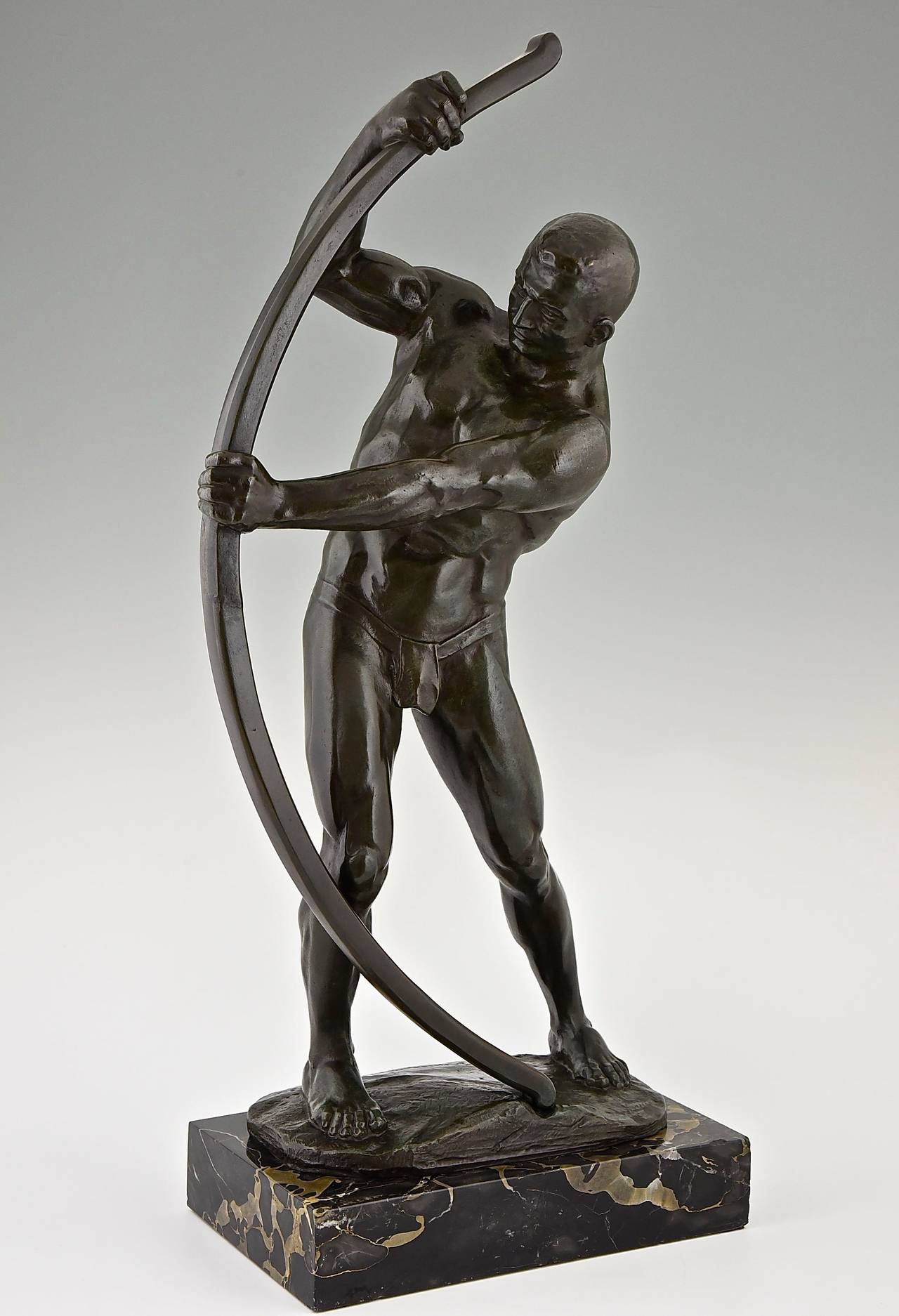 Marble Art Deco Bronze Sculpture Male Nude with Bow by Muller Crefeld, 1920