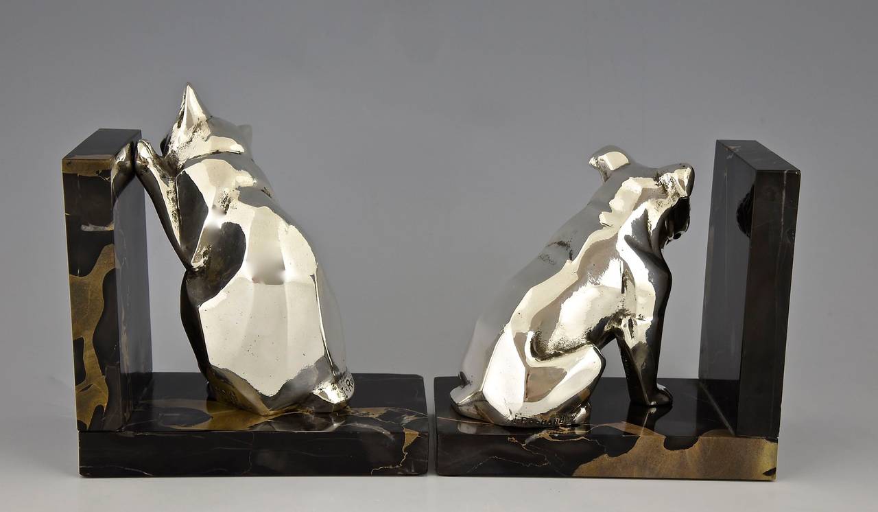 French Art Deco Cat and Bulldog Bookends by Rochard, France, 1930