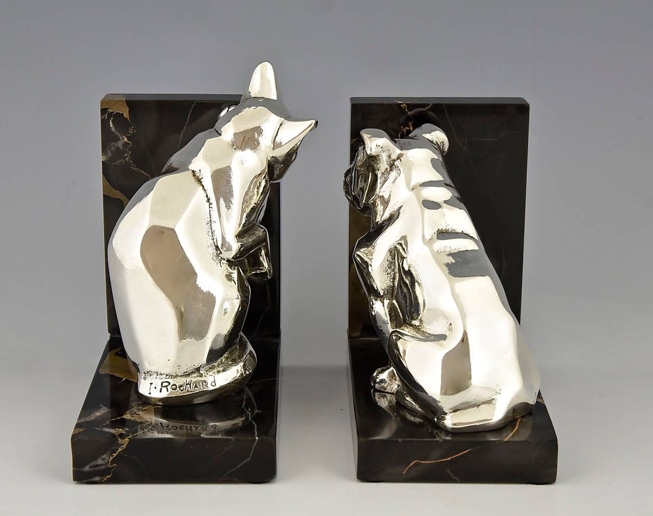 Silvered Art Deco Cat and Bulldog Bookends by Rochard, France, 1930