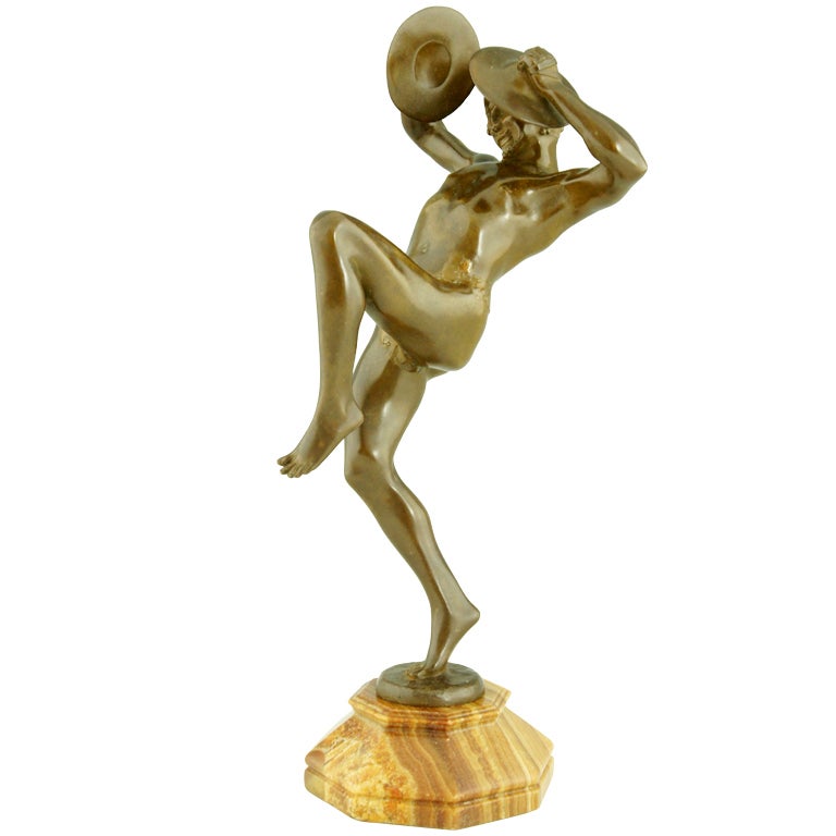 French Bronze sculpture male nude Bacchus With Cymbals By E. D. Piron 1903