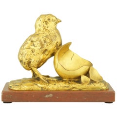 Antique Bronze Chick With Eggshell By G. Gardet.