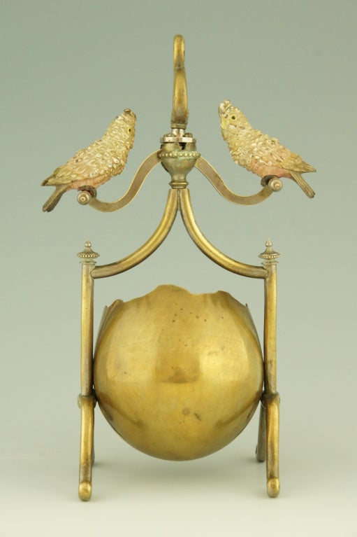 Austrian Vienna Bronze Bonbonniere With Two Parrots On A Swing.