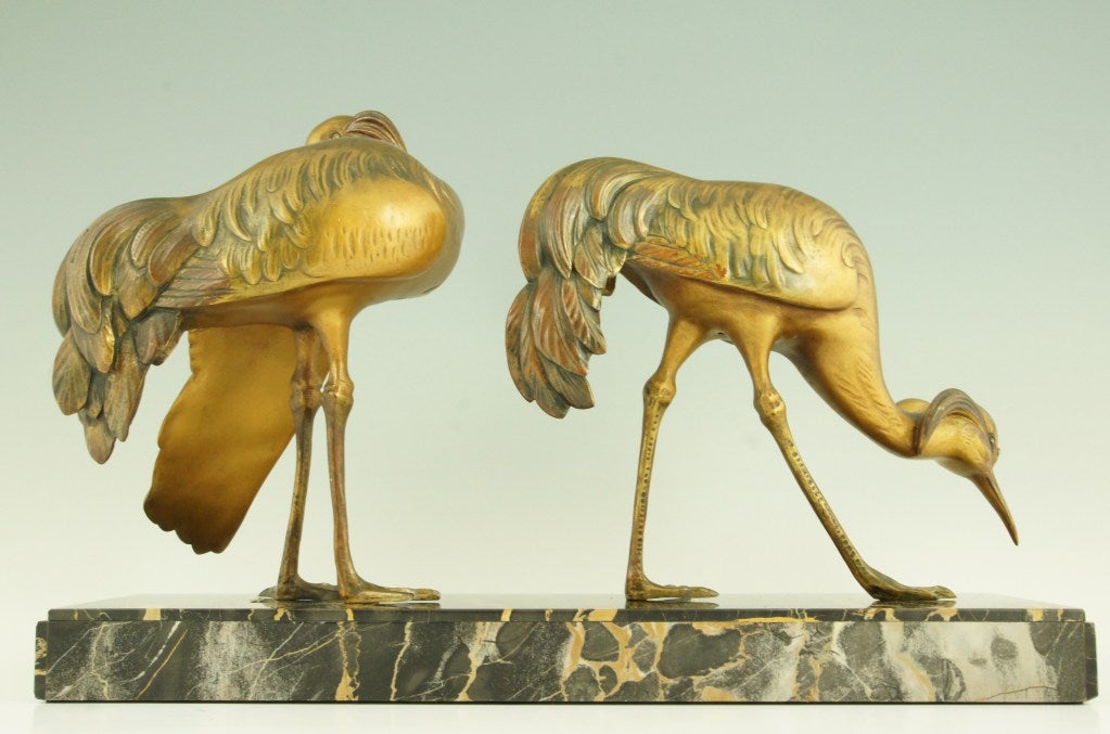 French Art Deco Bronze Group Of Crane Birds By G.H. Laurent.