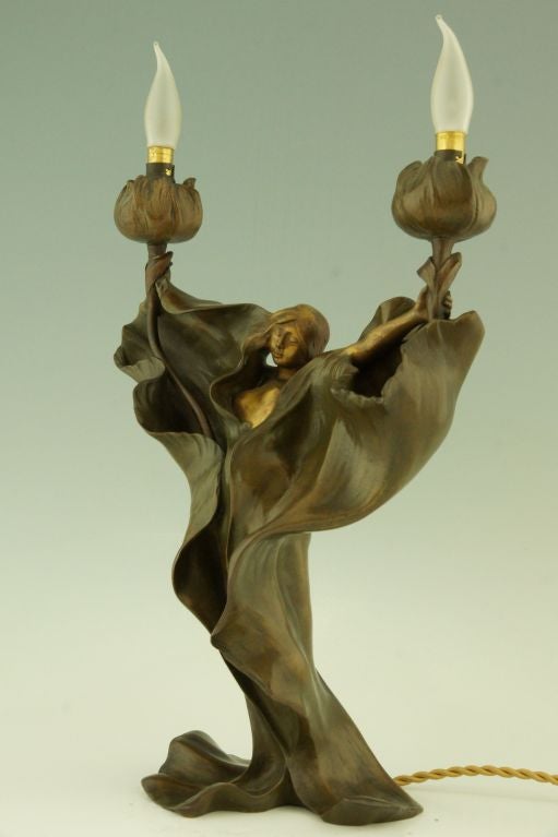 French Art Nouveau Bronze Loie Fuller Lamp By A. Nelson