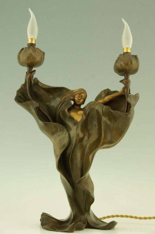20th Century Art Nouveau Bronze Loie Fuller Lamp By A. Nelson