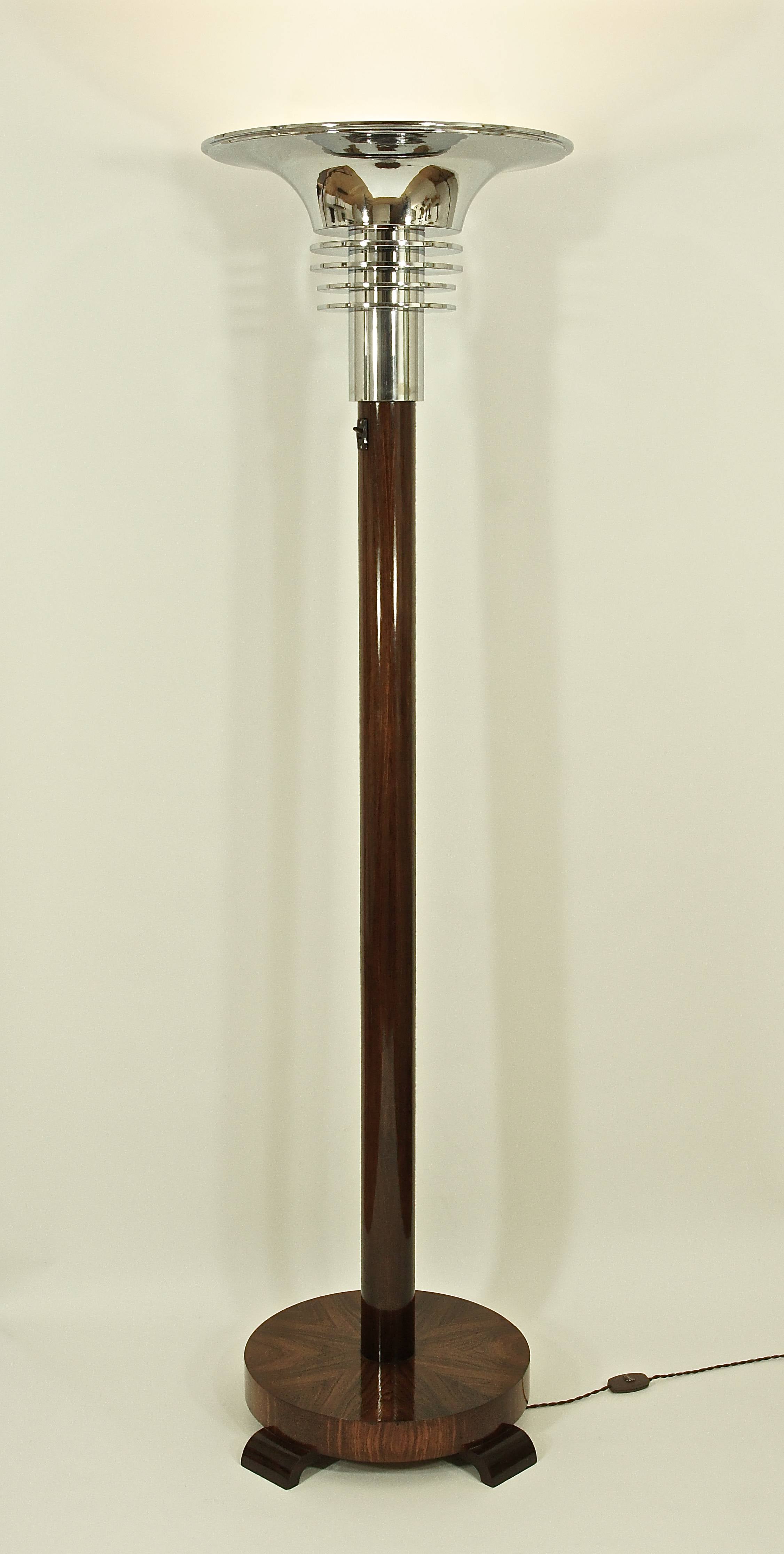 Spectacular French Art Deco Chrome And Wood Torchiere Floor Lamp.