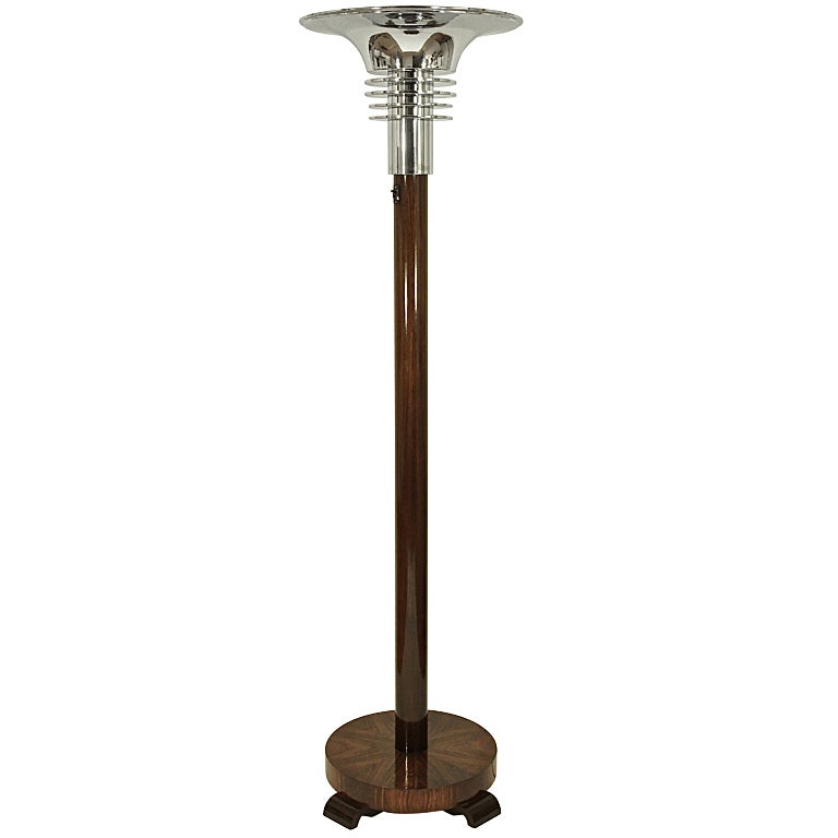 Spectacular French Art Deco Chrome And Wood Torchiere Floor Lamp. 1