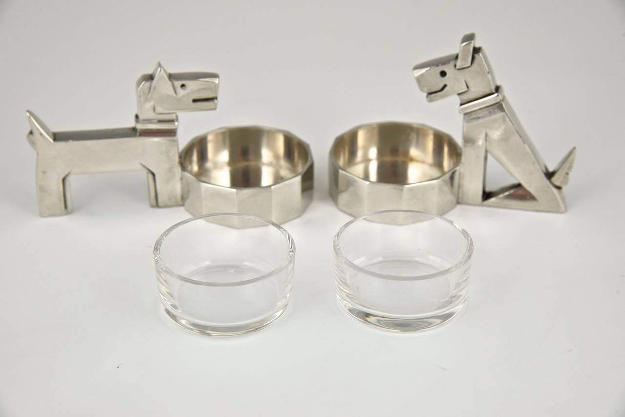 French Art Deco Silvered Salt Cellars Fox Terriers by Gallia Christofle 1930