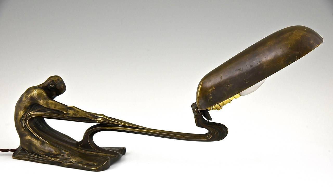 Hammered Art Nouveau Bronze Lamp with Male Nude by Wetzel, 1900