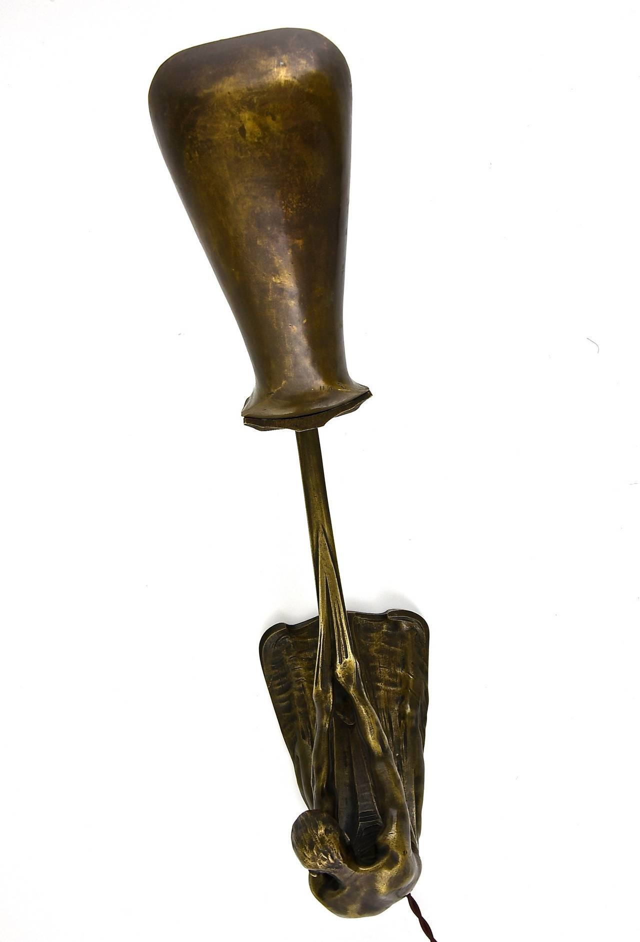 Brass Art Nouveau Bronze Lamp with Male Nude by Wetzel, 1900