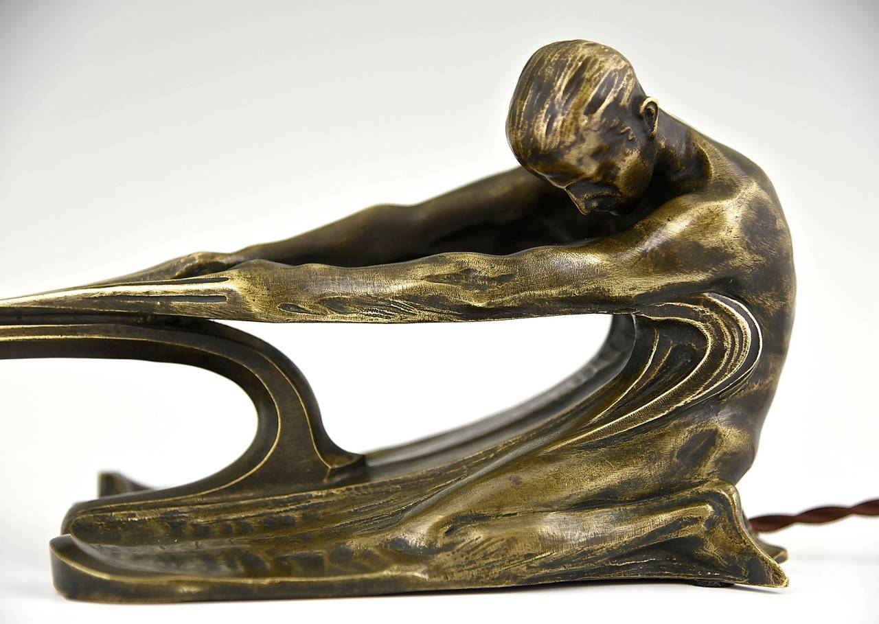 Art Nouveau Bronze Lamp with Male Nude by Wetzel, 1900 In Good Condition In Antwerp, BE