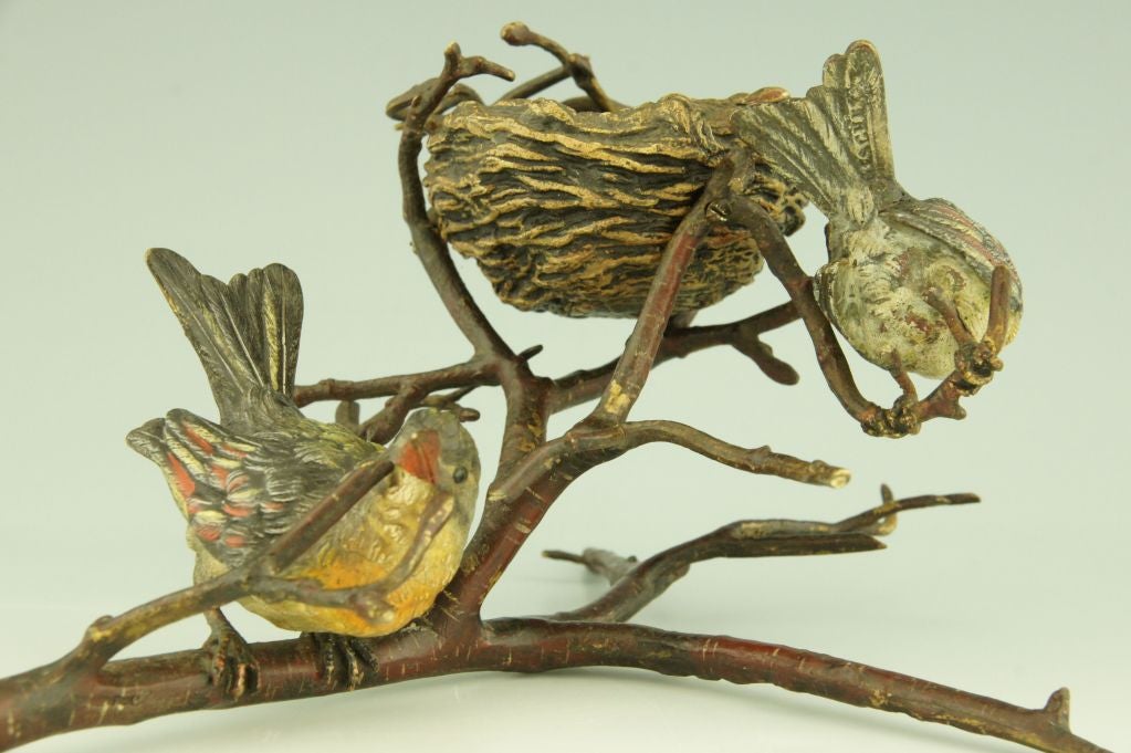 Antique Vienna Bronze Birds on a Branch with Nest 5