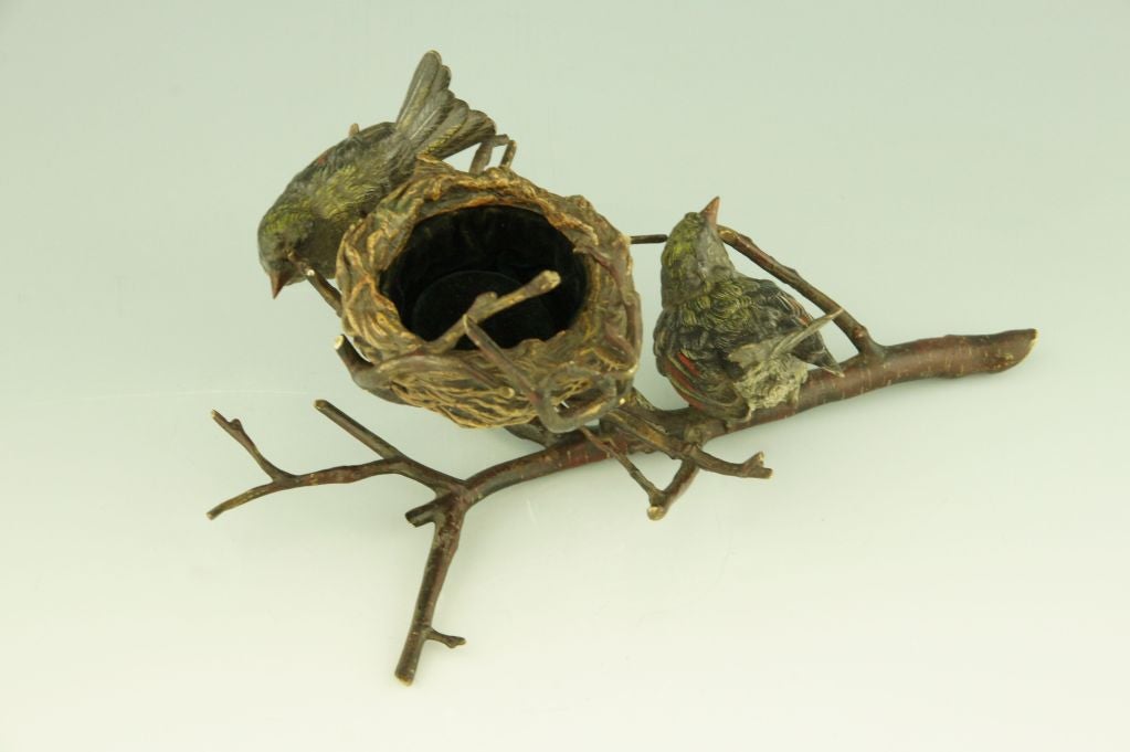 Austrian Antique Vienna Bronze Birds on a Branch with Nest