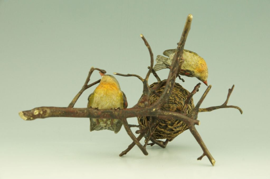 20th Century Antique Vienna Bronze Birds on a Branch with Nest